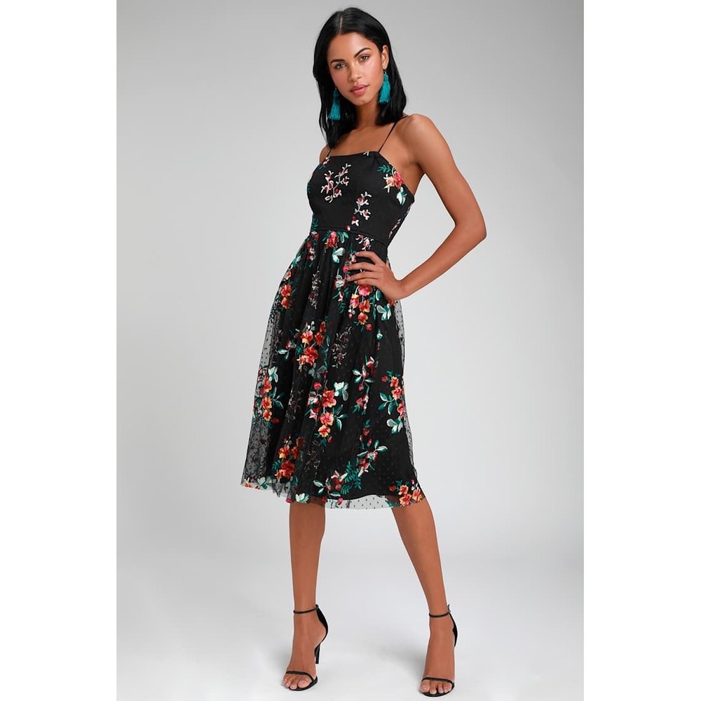 Lulu's Black Floral‎ Overlay Dress | Size Small